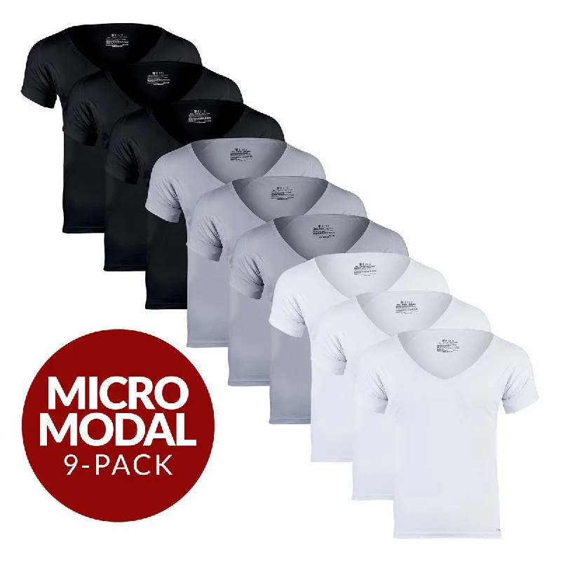 Henley - style men's undershirts with a button placketDeep V Micro Modal Sweat Proof Undershirt For Men - Mix 9-Pack (3x White, Black, Grey) Henley - style men's undershirts with a button placketDeep V Micro Modal Sweat Proof Undershirt For Men - Mix 9-Pack (3x White, Black, Grey)