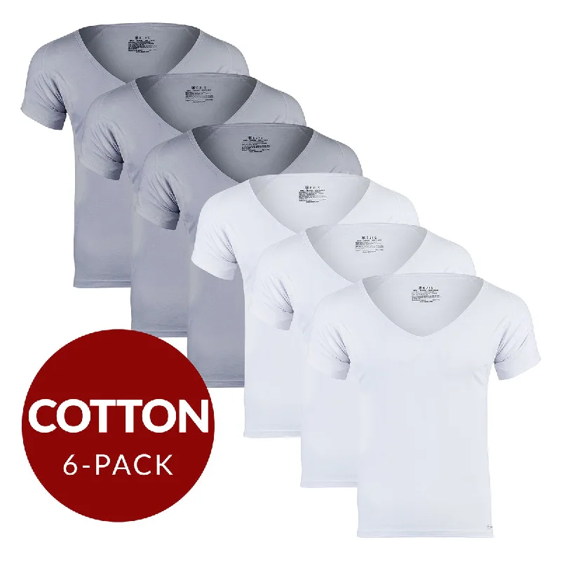 Henley - style men's undershirts with a button placketDeep V Cotton Sweat Proof Undershirt For Men - Mix 6-Pack (3x White, Grey)