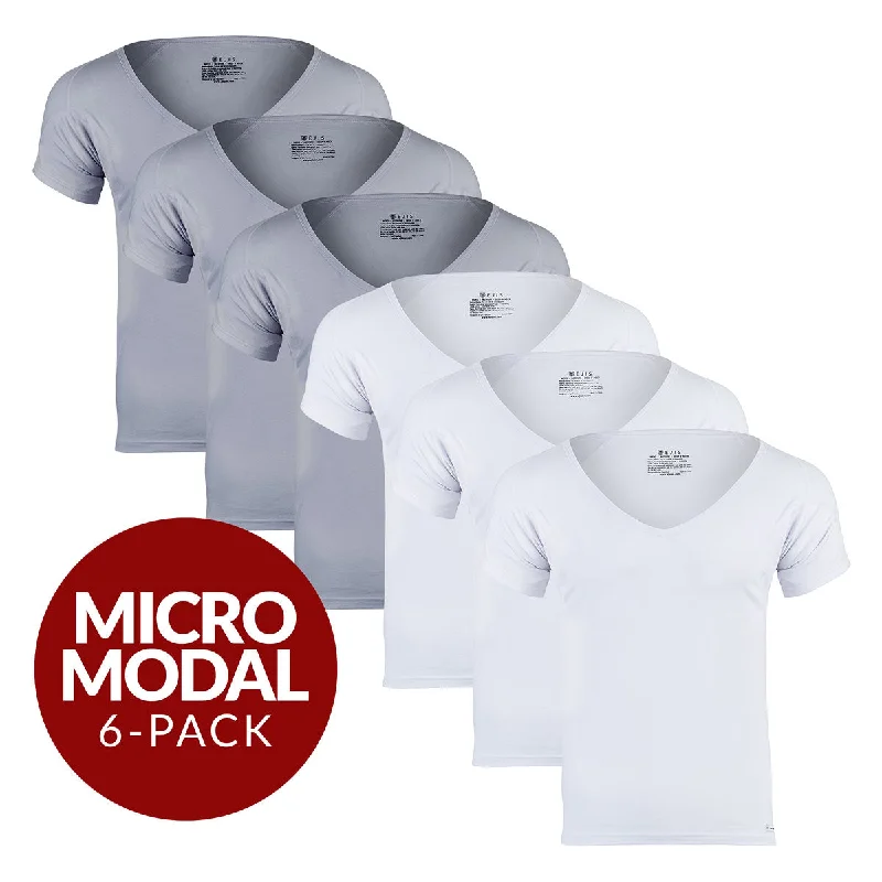 Printed men's undershirts with cool designsDeep V Micro Modal Sweat Proof Undershirt For Men - Mix 6-Pack (3x White, Grey) Printed men's undershirts with cool designsDeep V Micro Modal Sweat Proof Undershirt For Men - Mix 6-Pack (3x White, Grey)
