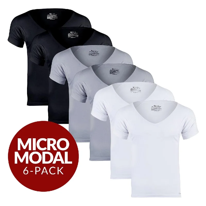 Microfiber men's undershirts for a soft touchDeep V Micro Modal Sweat Proof Undershirt For Men - Mix 6-Pack (2x White, Black, Grey) Microfiber men's undershirts for a soft touchDeep V Micro Modal Sweat Proof Undershirt For Men - Mix 6-Pack (2x White, Black, Grey)