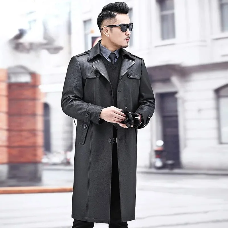 Luxury Casual Genuine Leather Long High-End Windbreaker Coat for Men