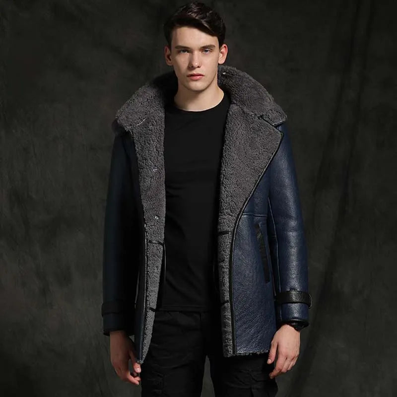 Men's Shearling Sheepskin Leather Long Detachable Fur Hooded Overcoat