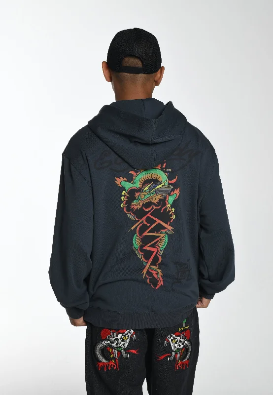 Mens Drag-Snake Graphic Zip Thru Hoodie - Charcoal