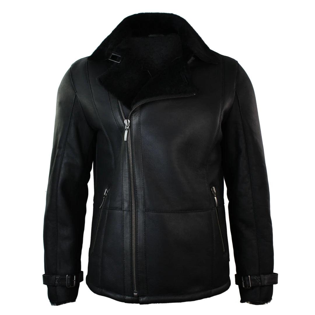 Mens Winter Real Sheepskin Black Mid Length Fitted Designer Jacket Cross Zip