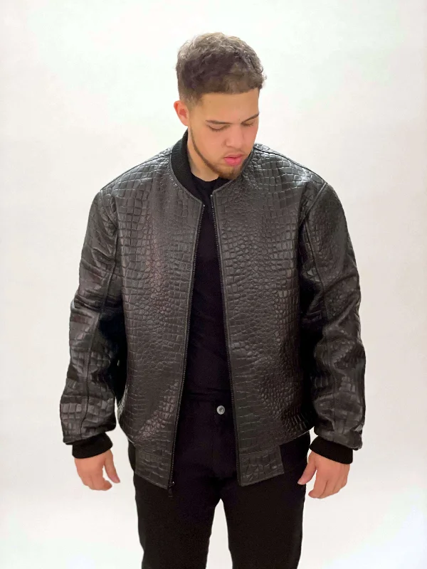 Black Embossed Leather Baseball Jacket Style #2270