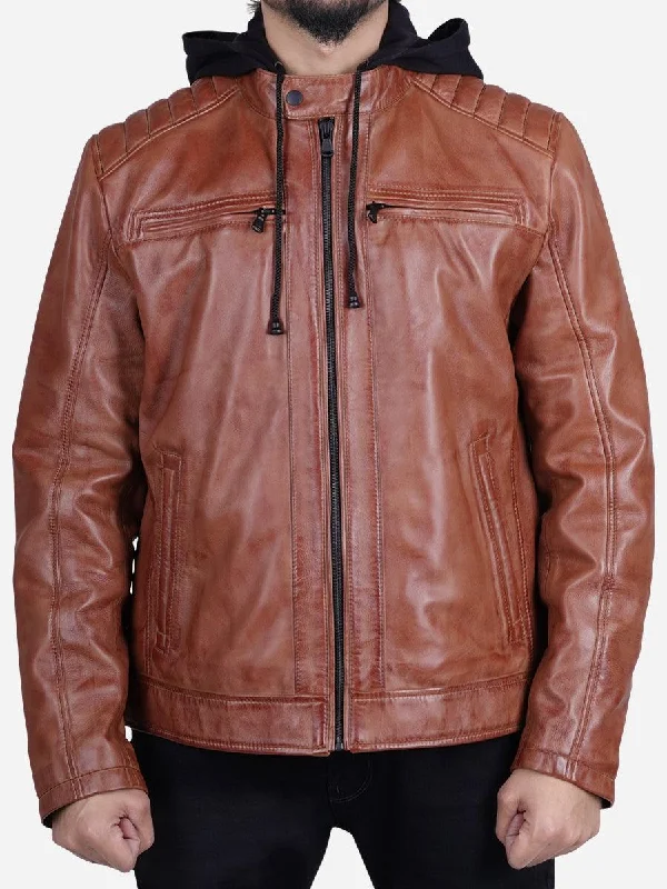 Davis Men's Brown Leather Jacket with Hood