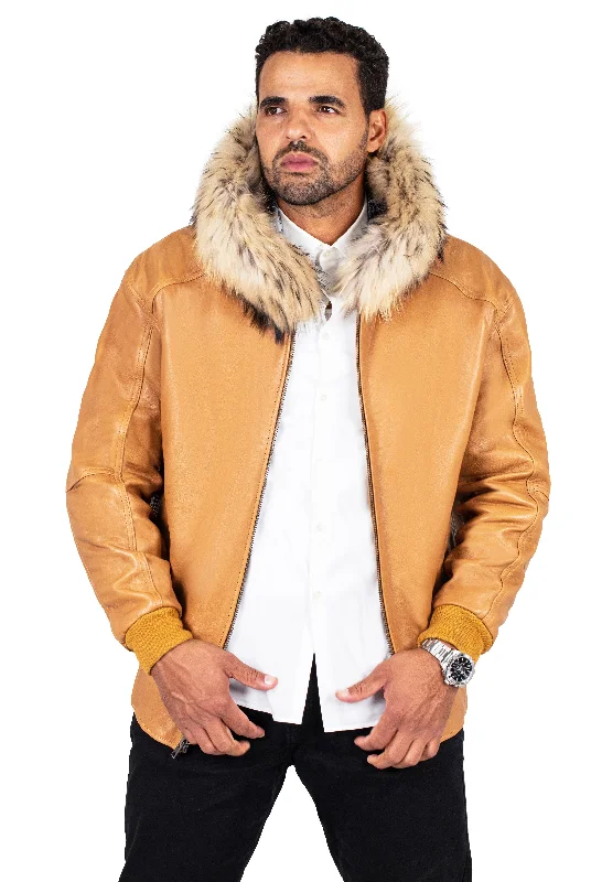 Heavyweight lambskin leather jacket with fox fur trimmed hood Style #2066H