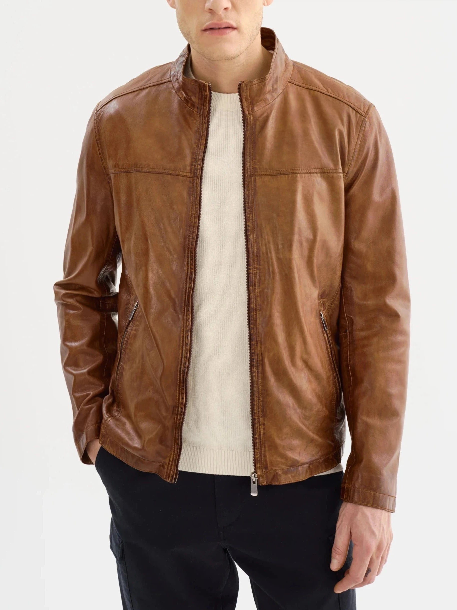 Lucio Lambskin Leather Jacket- Cognac