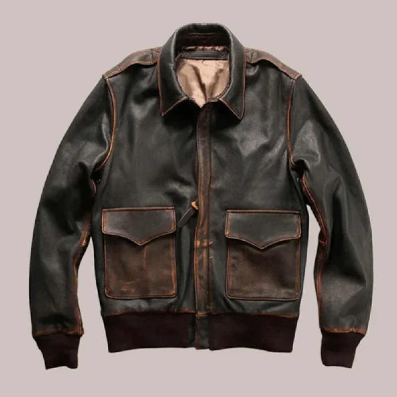 Men Aviator Military Pilot  Brown Leather Bomber Jacket