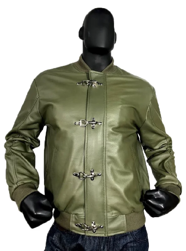 Men's Olive Green Lightweight Baseball Varsity Jacket Fire-Hook Closure Style #3444