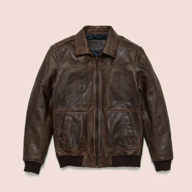 New Men's Lambskin Brown Leather Bomber Jacket