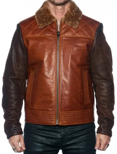 Leather Jacket with Sheepskin Sleeves and Quilted Details #1800