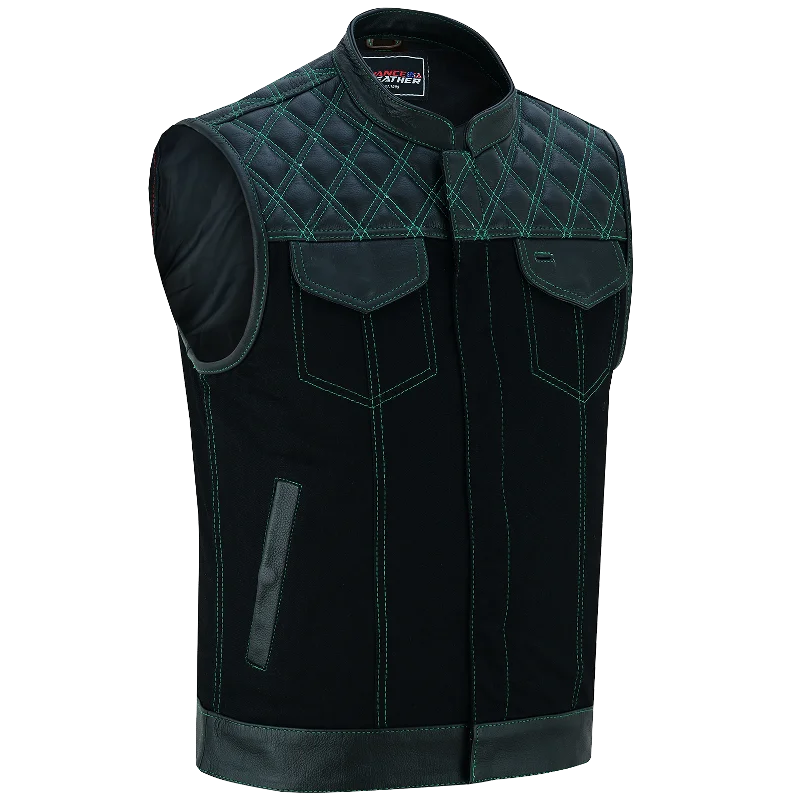 VB924GN Men's Denim & Leather Motorcycle Vest with Conceal Carry Pockets, SOA Biker Club Vest Green Stitching, Diamond Padding, Snap & Zipper Closure