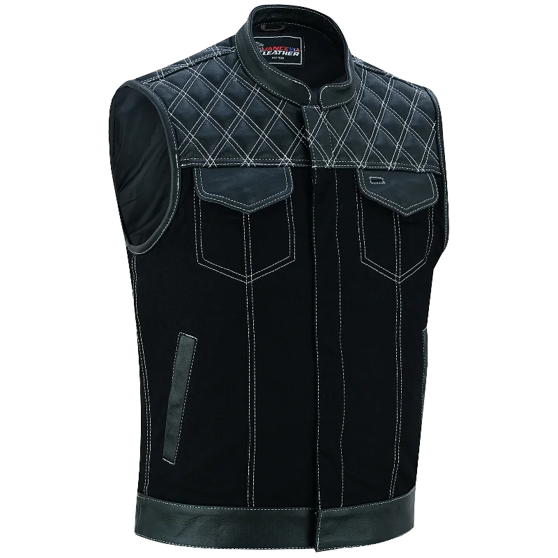 VB924WH Men's Denim & Leather Motorcycle Vest with Conceal Carry Pockets, SOA Biker Club Vest White Stitching, Diamond Padding, Snap & Zipper Closure