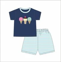 Boy’s applique “ICE CREAM FUN” navy short sleeve shirt and mint striped short set (12m 4t 6t 7t 8t)