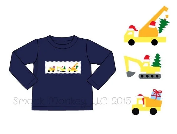 Boy’s smocked "CHRISTMAS CONSTRUCTION" navy knit long sleeve knit shirt (6m,12m,8t)