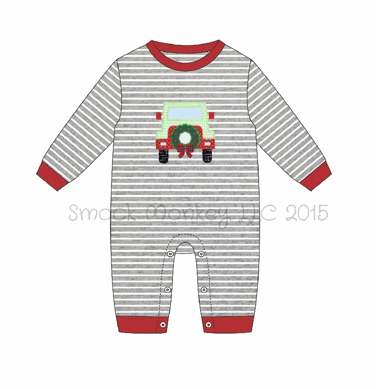 Boy's applique "CHRISTMAS JEEP" gray striped long sleeve romper (12m)