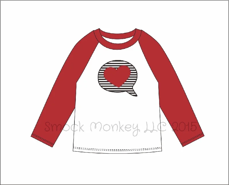 Boy's applique "CONVERSATION BUBBLE" white baseball shirt with red sleeves (NB 3m 6m 9m 12m 18m 24m 2t 3t 4t 5t 6t 7t 10t 12t 14t)