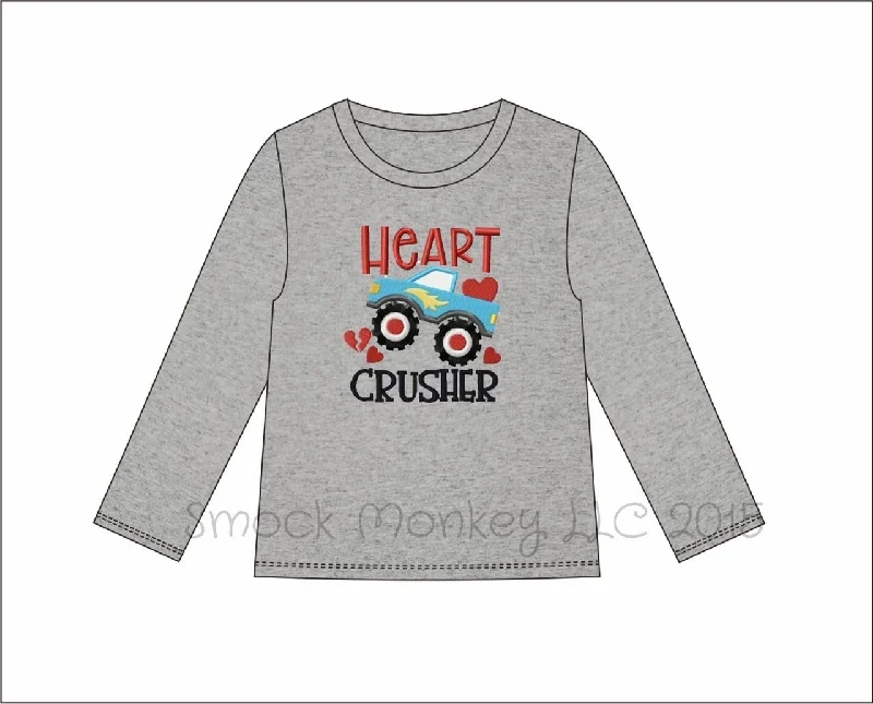 Boy's applique "HEART CRUSHER" gray long sleeve shirt (NB,3m,6m,8m,12m,18m,10t,12t,14t)