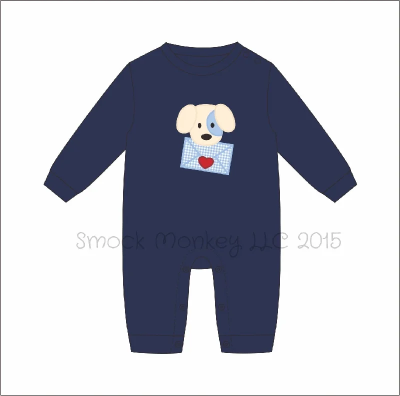 Boy's applique "PUPPY LOVE MAIL" navy long sleeve romper (NB 6m 9m 12m 24m 2t 3t 4t)