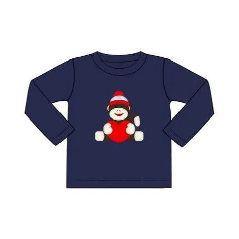 Boy's applique "SOCK MONKEY LOVE" navy knit long sleeve shirt (18m,2t,7t,8t)