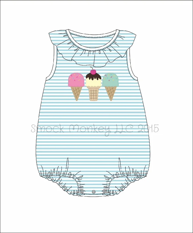 Girl’s applique “ICE CREAM FUN” mint striped sleeveless bubble (4t)