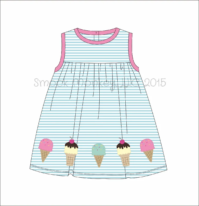 Girl’s applique “ICE CREAM FUN” mint striped sleeveless dress (24m, 8t)