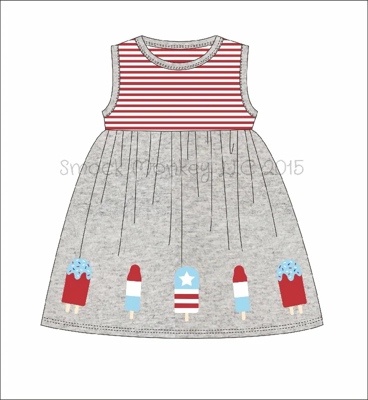 Girl’s applique “PATRIOTIC POPSICLE” gray and red striped sleeveless dress (12m,18m,24m,2t,3t,5t)