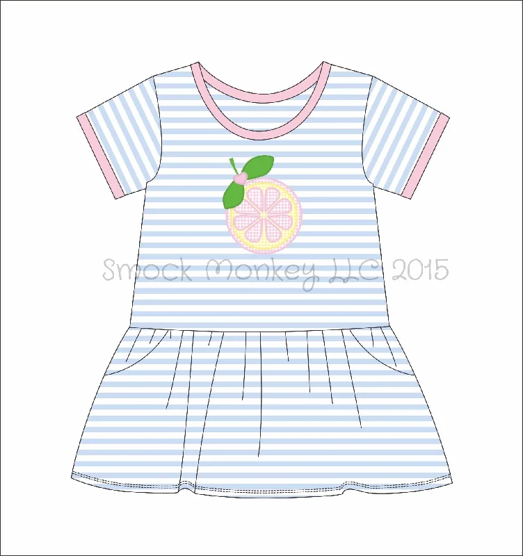 Girl’s applique “SWEET AS LEMONS ” blue striped short sleeve pocket dress (2t)