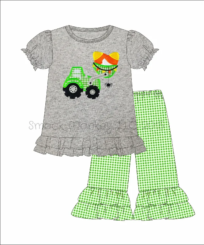 Girl's applique "CANDY CORN TRACTOR" gray knit swing top and lime gingham knit CAPRI pants (3m,18m,24m)