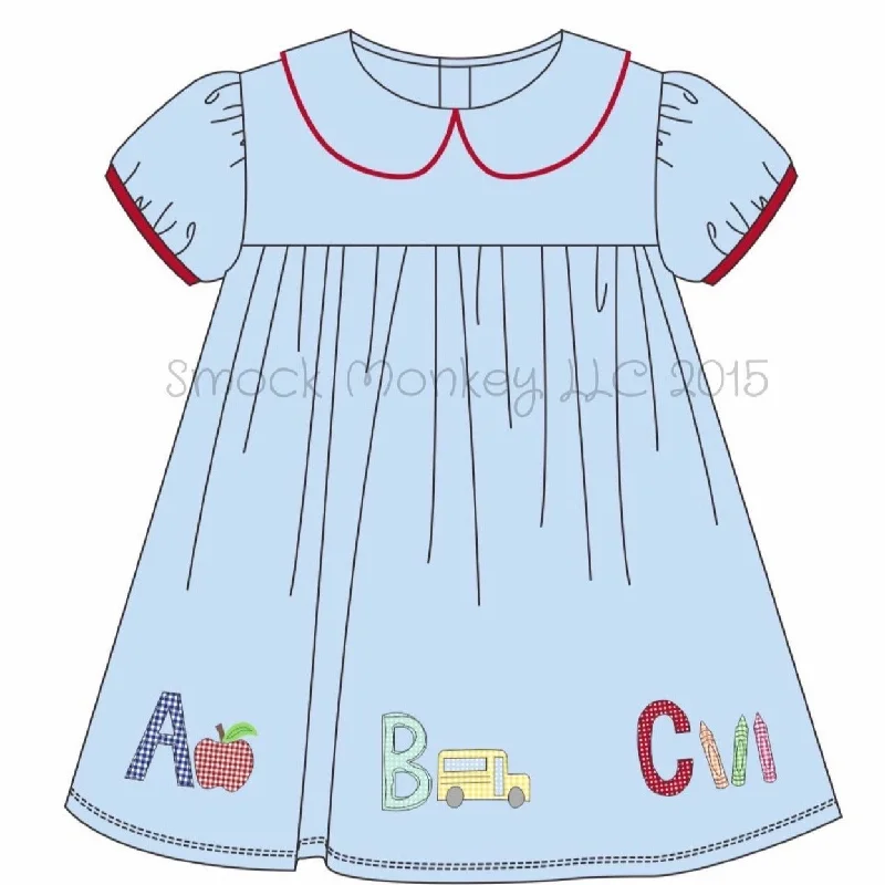 Girl's applique "ABC" blue knit peter pan dress (9m,4t,5t,6t,7t)