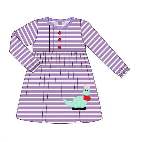 Girl's applique "DINOSAUR LOVE" lavender striped knit button front dress (12m)