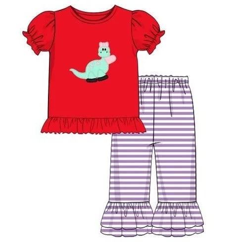 Girl's applique "DINOSAUR LOVE" red knit short sleeve shirt and lavender striped ruffle pants set (18m,24m)