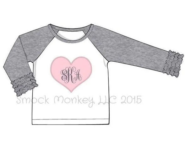 Girl's applique "PINK HEART" white baseball shirt with gray ruffle sleeves (NO MONOGRAM) (24m,2t,3t)