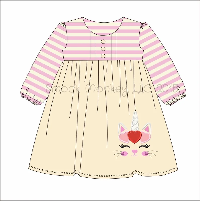 Girl's applique "KITTY UNICORN LOVE" cream with pink stripe long sleeve dress (9m 12m 18m 24m 2t 3t 4t 5t)