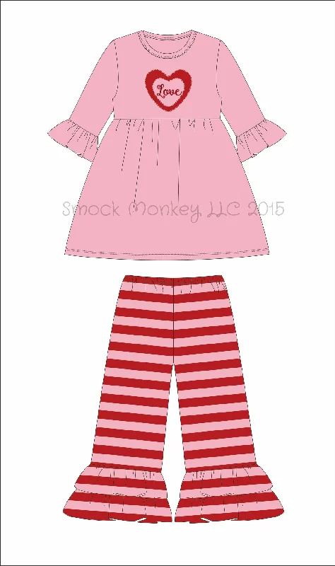 Girl's applique "LOVE" pink 3/4 sleeve swing top and pink and red striped ruffle pants (18m,24m,2t,3t)