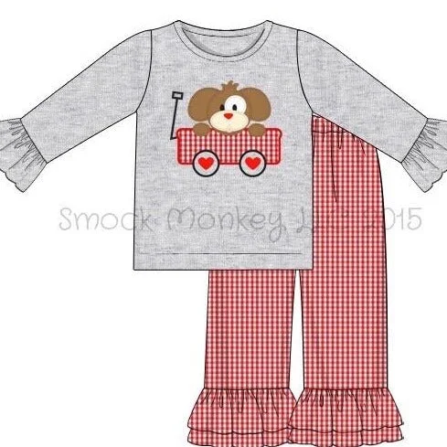 Girl's applique "MY PUPPY LOVE" gray ruffle sleeve shirt and red microgingham ruffle pant set (18m,24m)