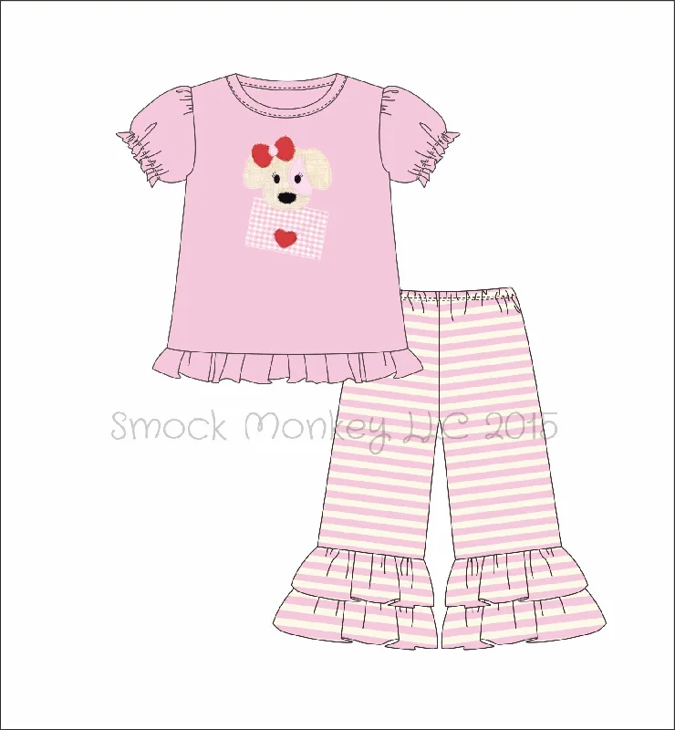 Girl's applique "PUPPY LOVE MAIL" short sleeve pink ruffle shirt and striped ruffle pant set (9m 12m 24m 2t 8t 10t)