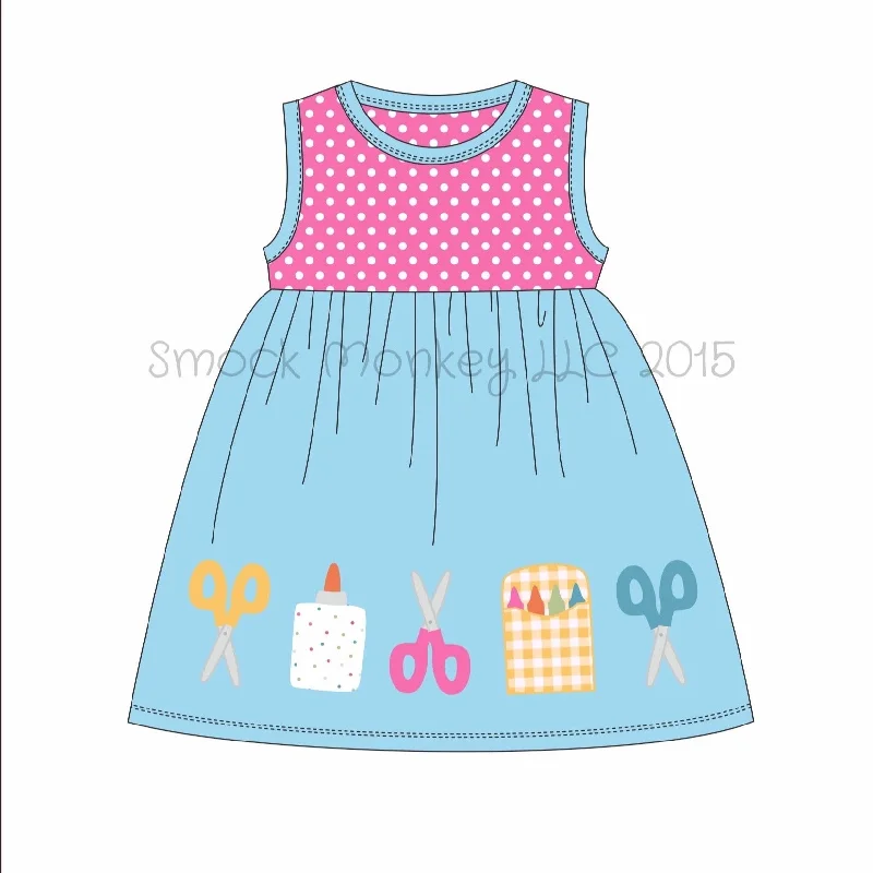 Girl's applique "SCHOOL SUPPLIES" hot pink polka and blue knit sleeveless dress (2t,4t,6t,7t,10t)