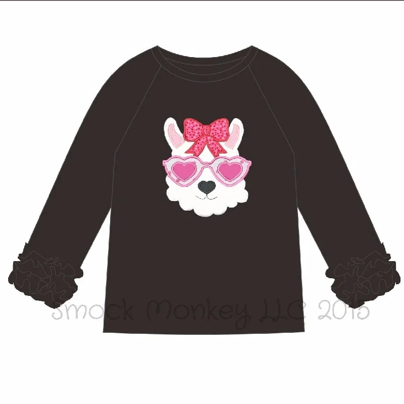 Girl's applique "VALENTINE LLAMA" black knit long sleeve ruffle sleeve shirt (6m,18m,24m,2t,4t,5t)