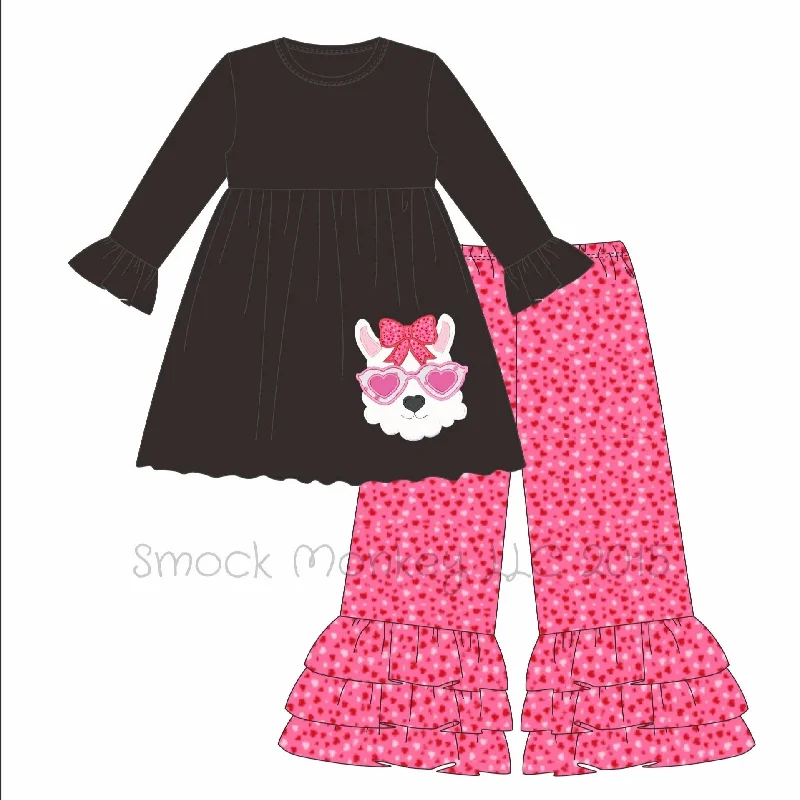 Girl's applique "VALENTINE LLAMA" black knit long sleeve swing top and heart print ruffle pants set (18m,24m)