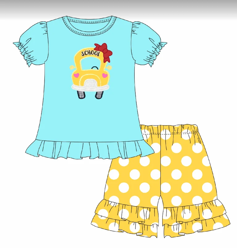 Girl's applique "WHEELS ON THE BUS" aqua* knit shirt and yellow polka dot short set (3t,4t,5t,6t,7t,8t,10t)