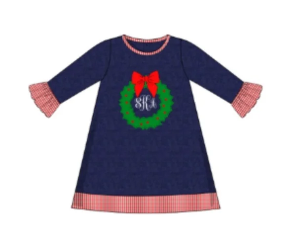 Girl's applique "WREATH" navy cotton with red microgingham swing dress (NO MONOGRAM) (2t)