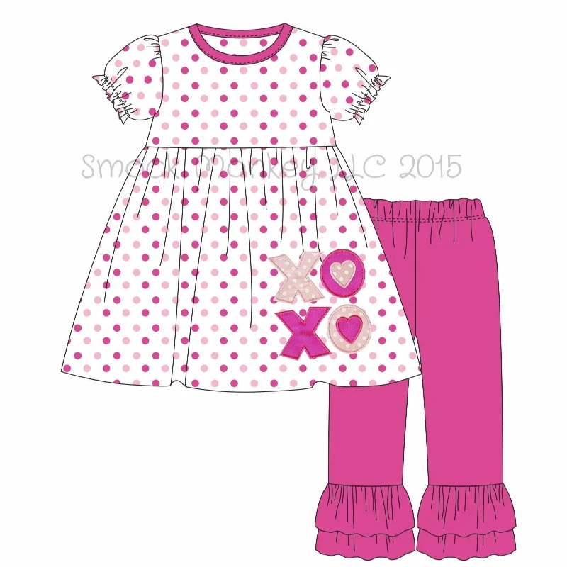 Girl's applique "XOXO" hot pink**(see desc) and pink polka dot knit swing top with hot pink ruffle pants set (24m)