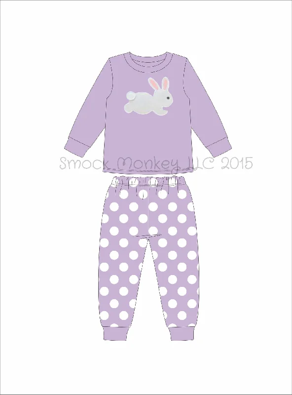 Girl's applique "BUNNY" lavender knit long sleeve with polka dot set (6m)