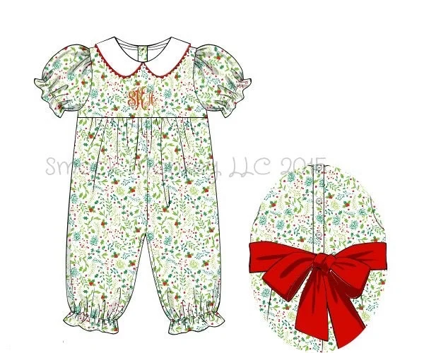 Girl's Christmas print peter pan collar short sleeve pant romper (NO MONOGRAM) (3m,6m,9m,12m)