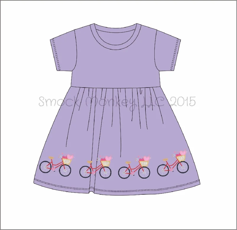 Girl's embroidered "BASKET FULL OF LOVE BICYCLE" lavender short sleeve dress (9m 12m 18m 24m 2t 8t)