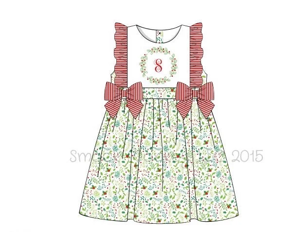 Girl's embroidered "HOLLY" Christmas print apron bow dress (NO MONOGRAM) (24m)