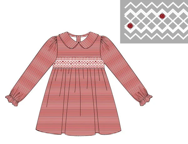 Girl's smocked red striped long sleeve Peter Pan dress (3t,12t) *smocking is red, not white