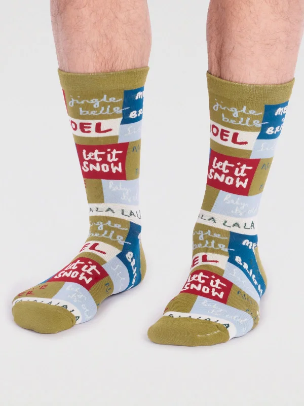 Stretchable men's socks for a flexible fitCaleb Organic Cotton Christmas Slogan Socks - Lichen Green